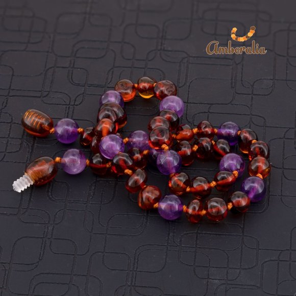 Amberalia Baltic Amber Baby Teething Necklace - Cognac /Amethyst 12.5" - Picture 5 of 6